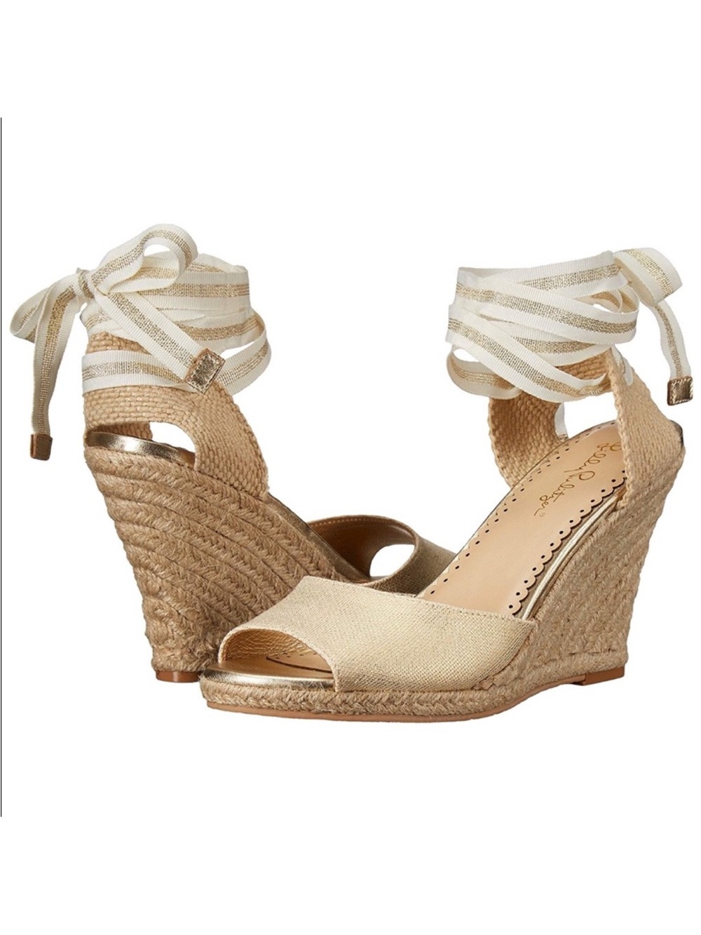 Lilly Pulitzer Gold Canvas Espadrille Wedges with Striped Ankle Wrap